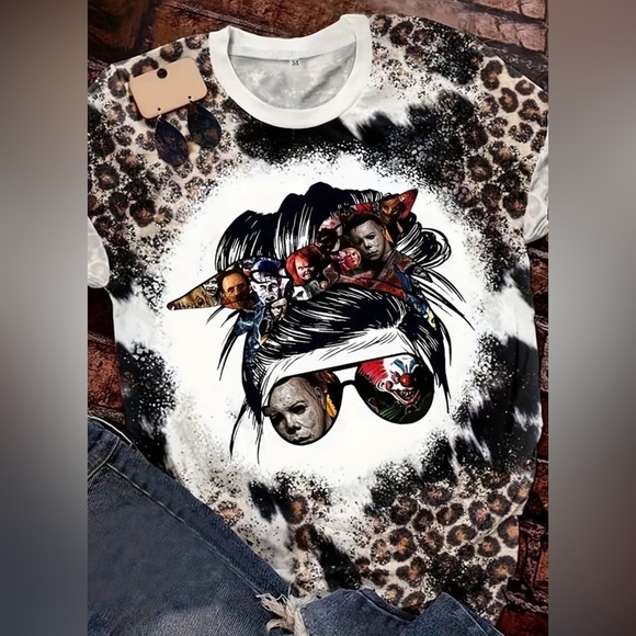Womens Leopard Graphic Print Halloween Movie Killers Messy Bun Tee XXL - Picture 2 of 10